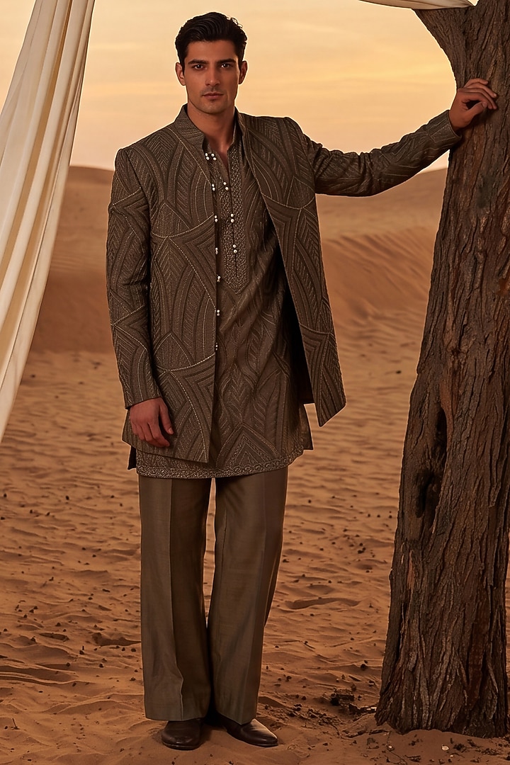 Dark Olive Green Crochet Embroidered Groom Indowestern Set by AMIT ARORA at Pernia's Pop Up Shop