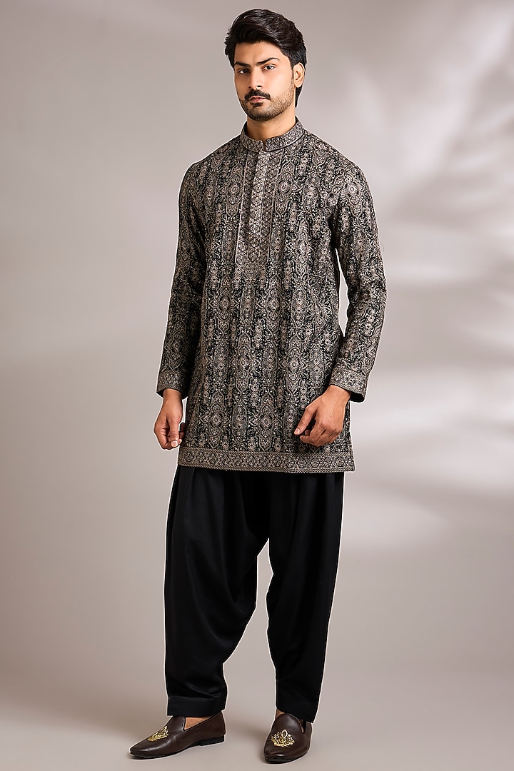 Black Silk Embroidered Kurta Set by AMIT ARORA at Pernia's Pop Up Shop