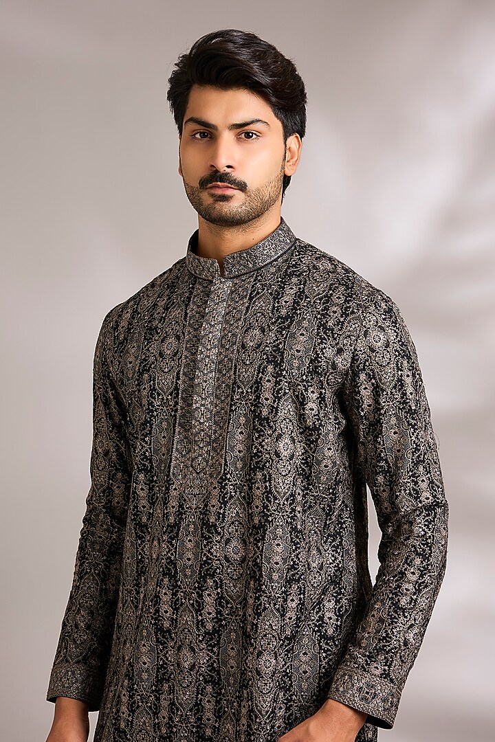 Black Silk Embroidered Kurta Set by AMIT ARORA at Pernia's Pop Up Shop