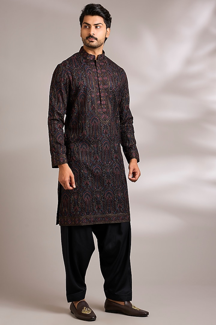 Black Silk Embroidered Kurta Set by AMIT ARORA at Pernia's Pop Up Shop