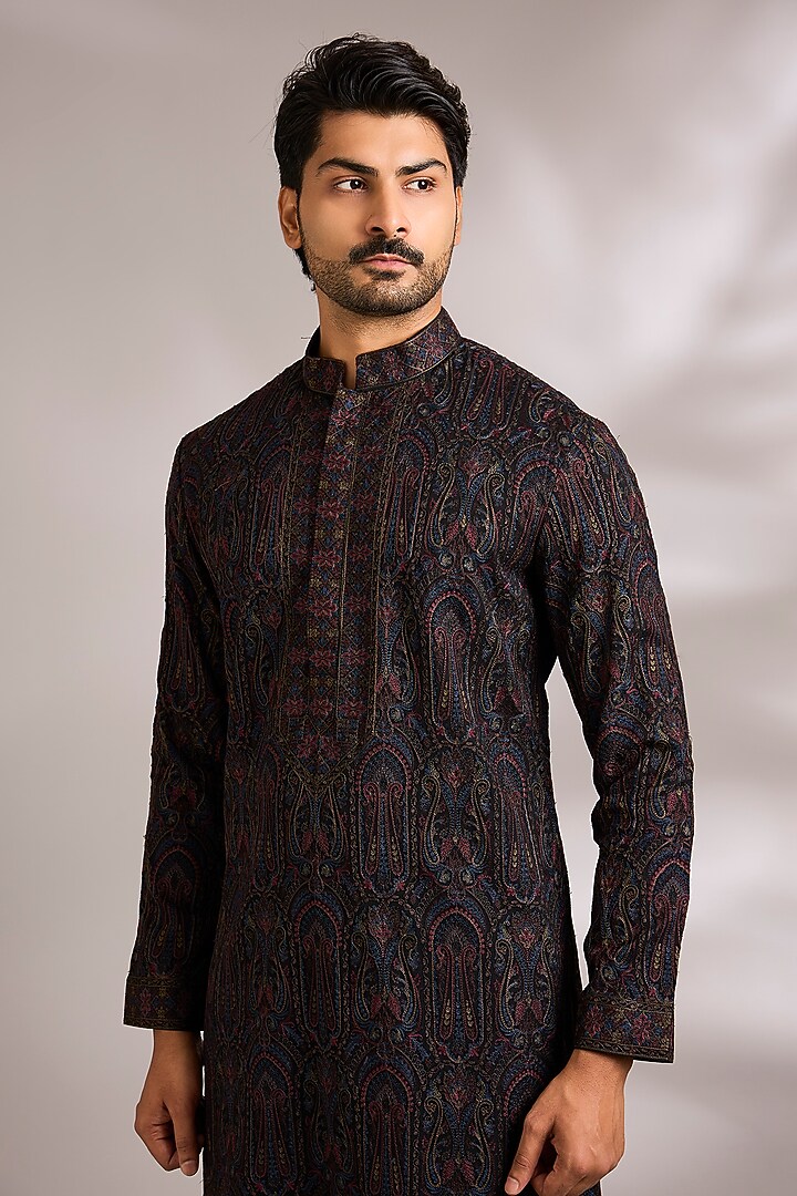 Black Silk Embroidered Kurta Set by AMIT ARORA at Pernia's Pop Up Shop