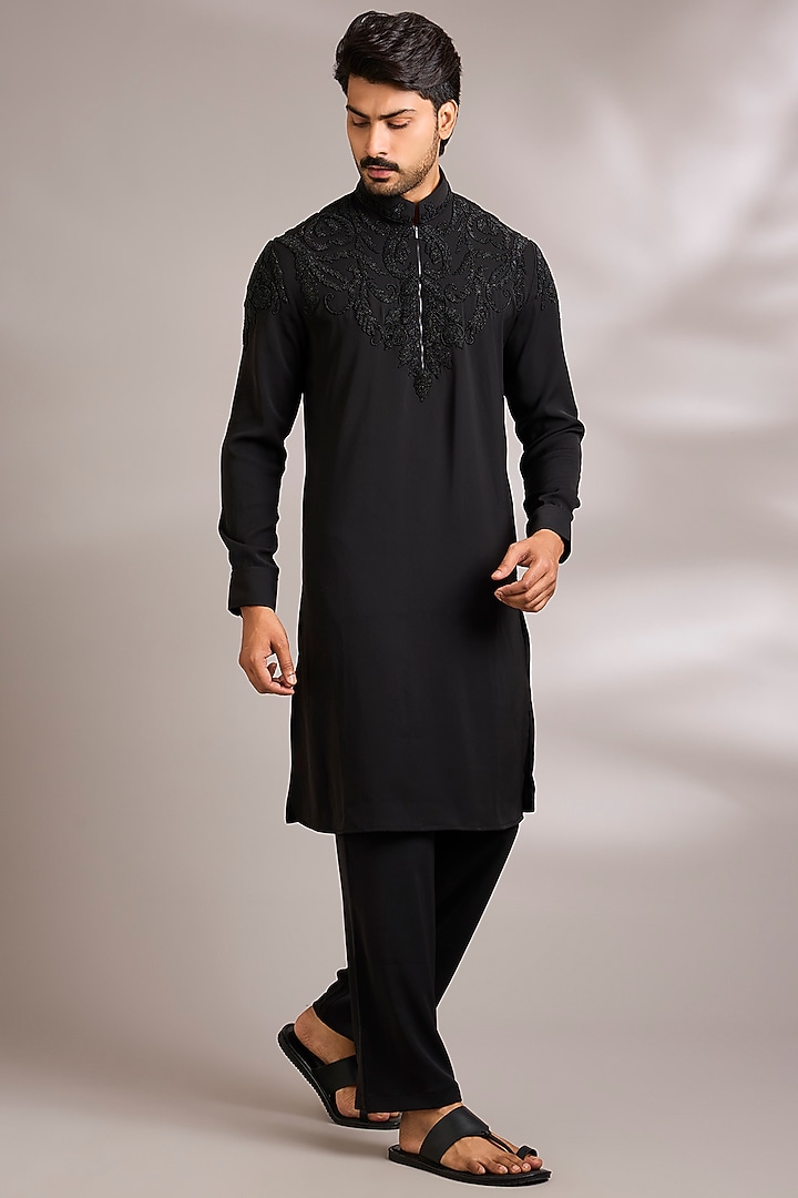 Black Silk Embroidered Kurta Set by AMIT ARORA at Pernia's Pop Up Shop