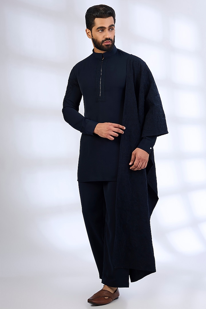 Navy Blue Silk Kurta Set by AMIT ARORA at Pernia's Pop Up Shop