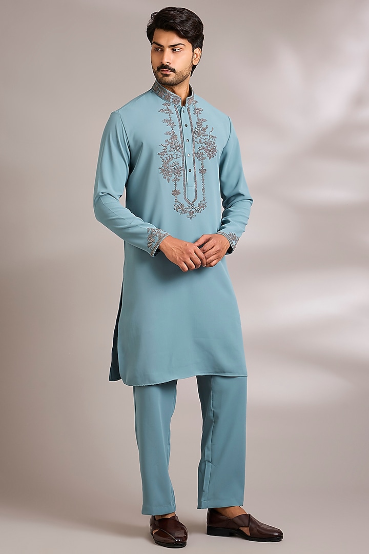 Turquoise Silk Embroidered Kurta Set by AMIT ARORA at Pernia's Pop Up Shop