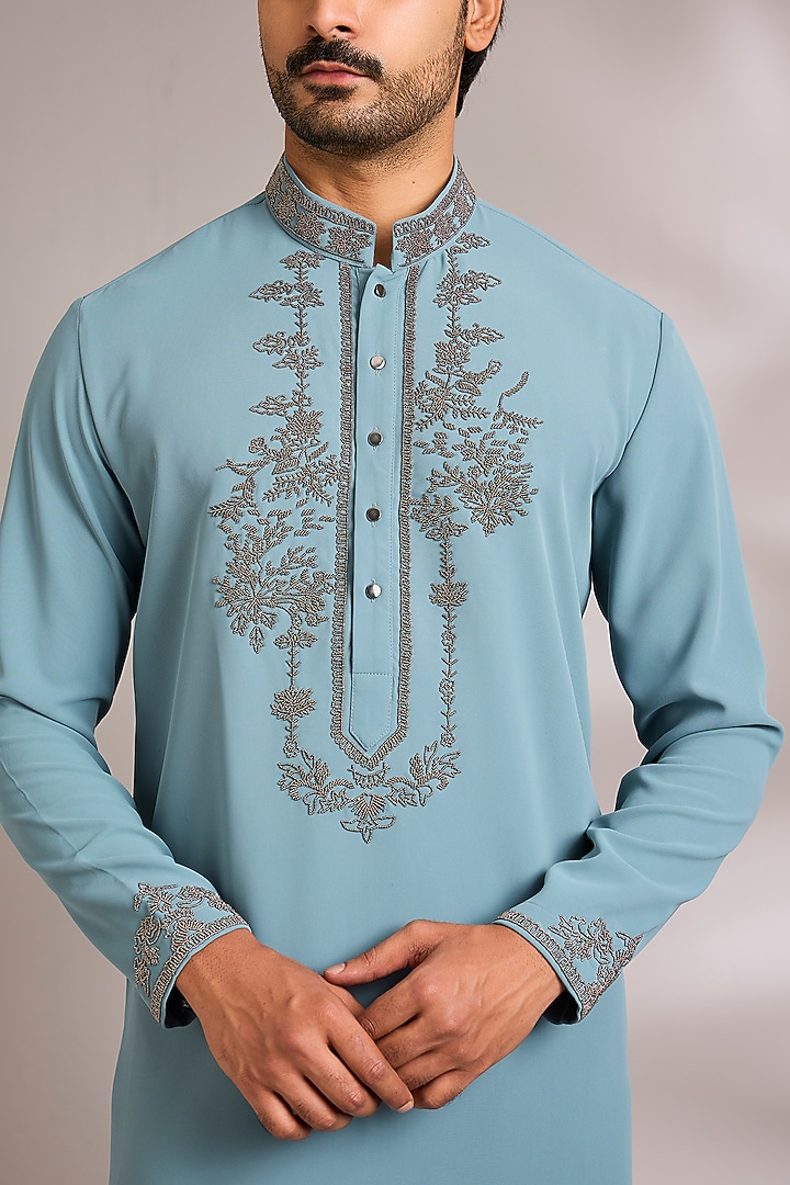 Turquoise Silk Embroidered Kurta Set by AMIT ARORA at Pernia's Pop Up Shop