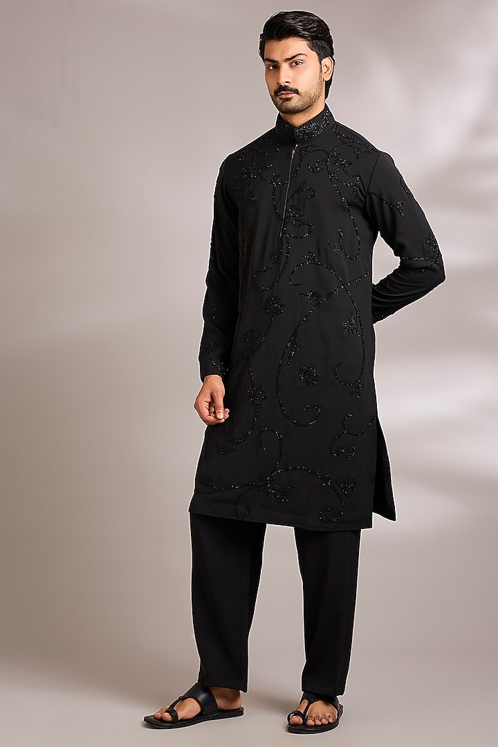 Black Silk Embroidered Kurta Set by AMIT ARORA at Pernia's Pop Up Shop