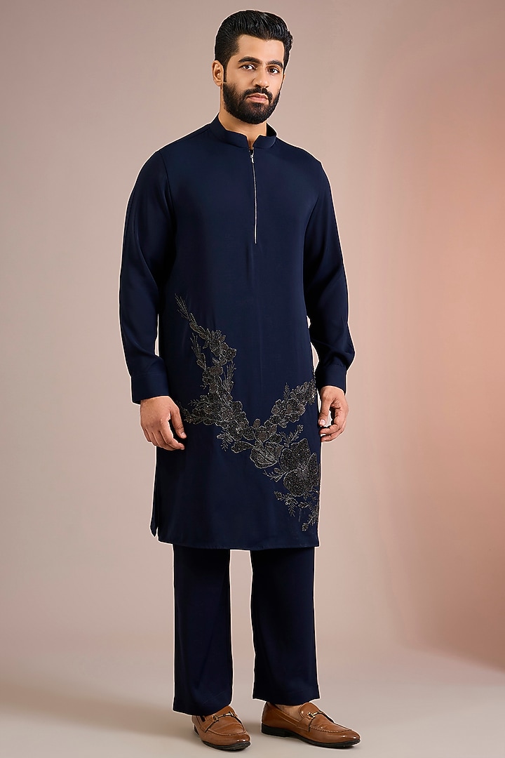 Navy Blue Soft Knit Kurta Set by AMIT ARORA at Pernia's Pop Up Shop