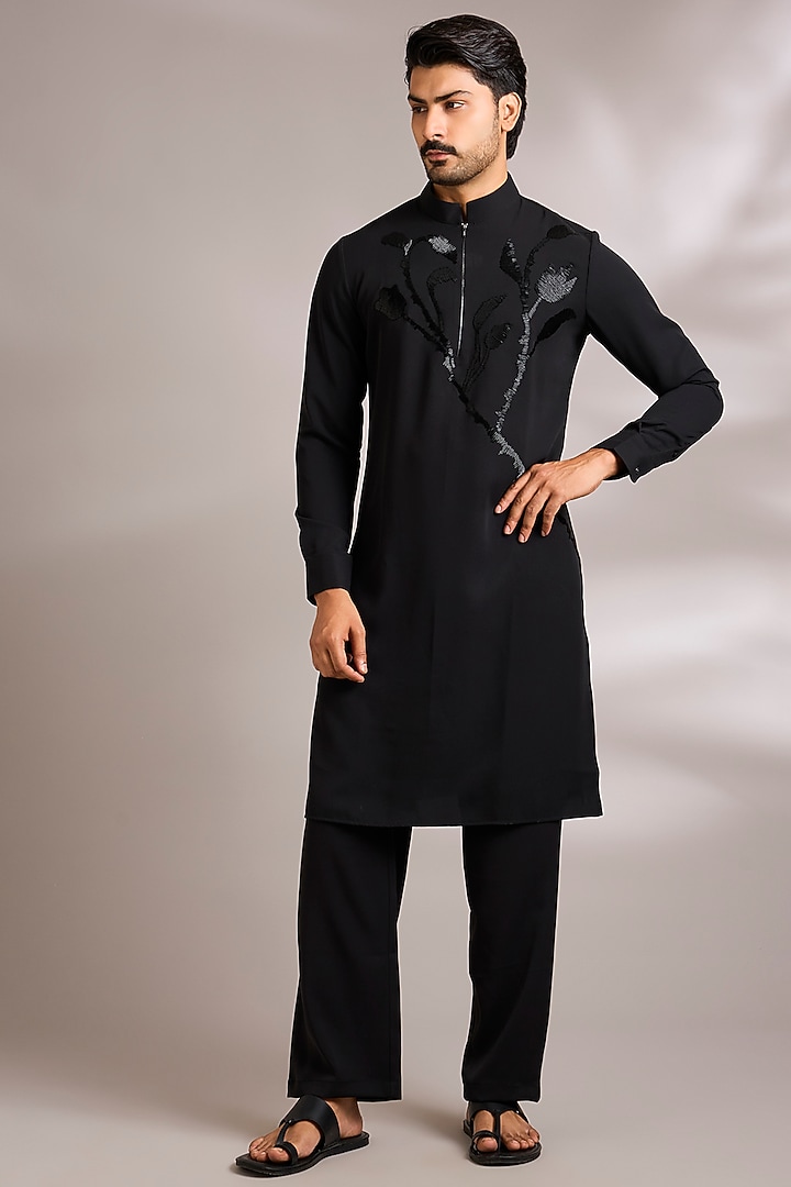 Black Silk Embroidered Kurta Set by AMIT ARORA at Pernia's Pop Up Shop