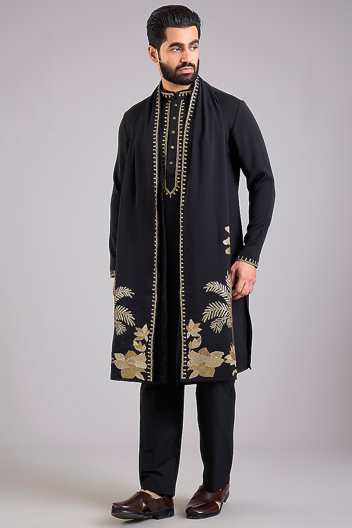 Black Silk Embroidered Kurta Set by AMIT ARORA at Pernia's Pop Up Shop