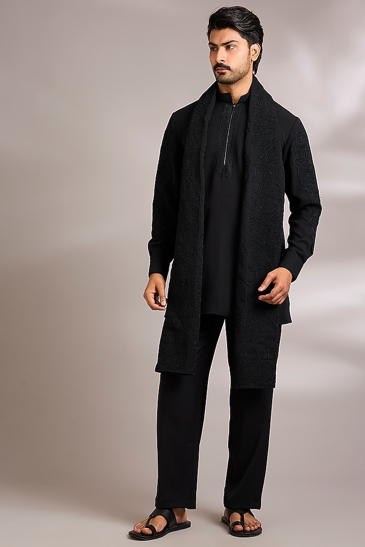 Black Silk Embroidered Kurta Set by AMIT ARORA at Pernia's Pop Up Shop