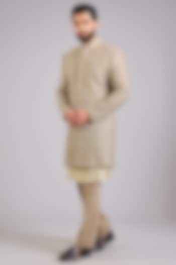 Gold Silk Embroidered Groom Sherwani Set by AMIT ARORA at Pernia's Pop Up Shop