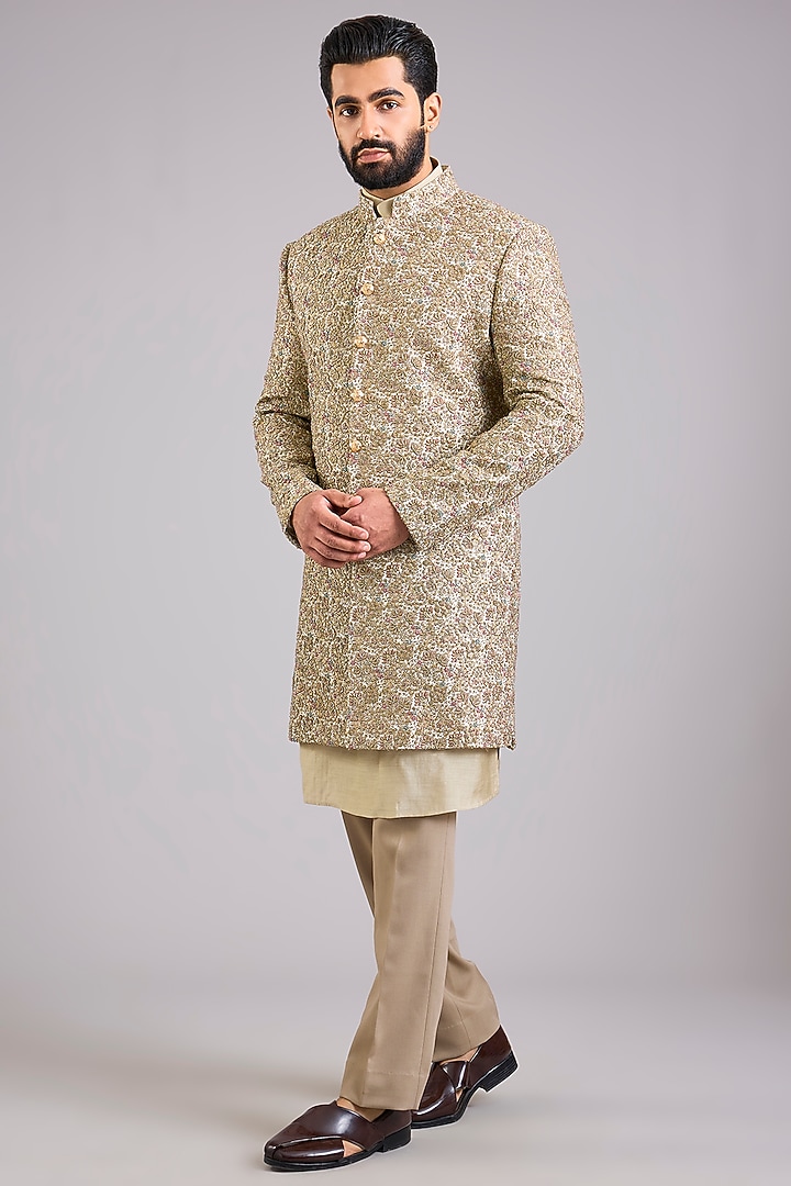 Gold Silk Embroidered Groom Sherwani Set by AMIT ARORA at Pernia's Pop Up Shop