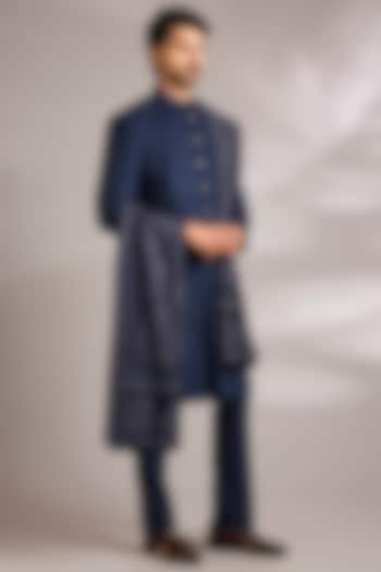 Blue Silk Embroidered Groom Sherwani Set by AMIT ARORA at Pernia's Pop Up Shop
