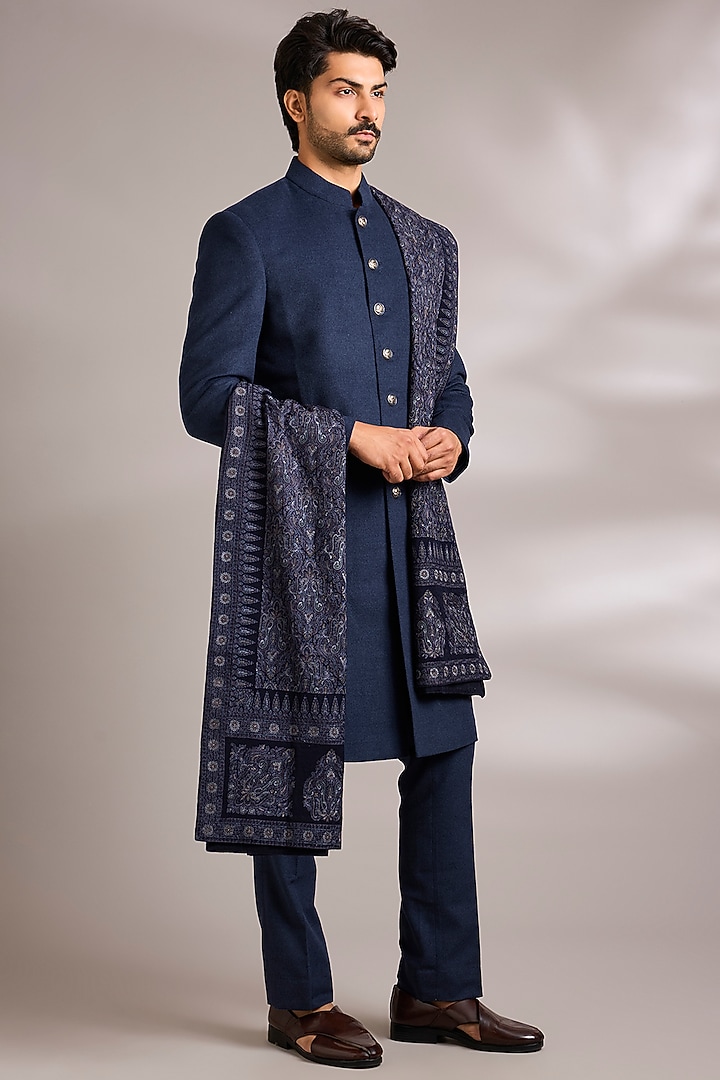 Blue Silk Embroidered Groom Sherwani Set by AMIT ARORA at Pernia's Pop Up Shop
