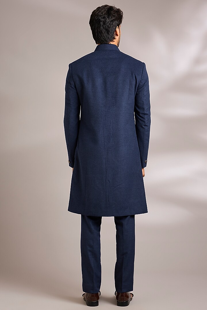 Blue Silk Embroidered Groom Sherwani Set by AMIT ARORA at Pernia's Pop Up Shop