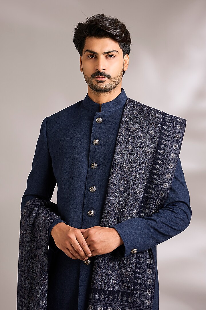Blue Silk Embroidered Groom Sherwani Set by AMIT ARORA at Pernia's Pop Up Shop