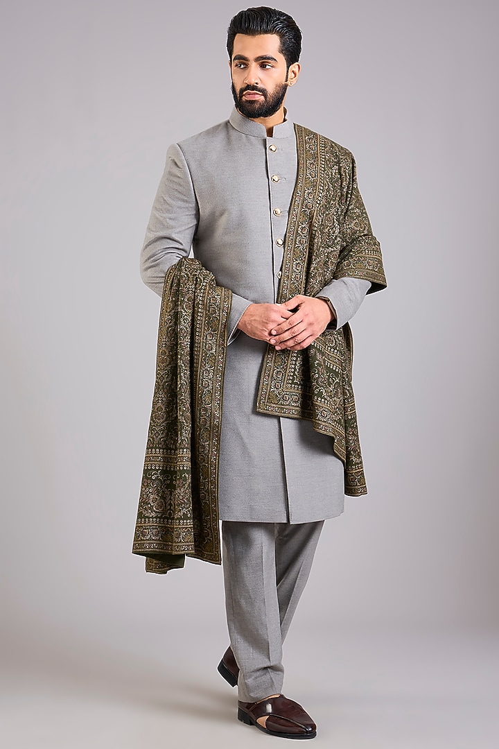 Grey Silk Embroidered Groom Sherwani Set by AMIT ARORA at Pernia's Pop Up Shop