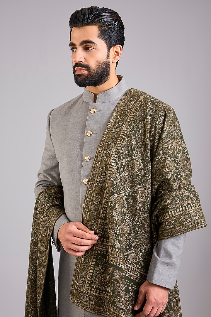 Grey Silk Embroidered Groom Sherwani Set by AMIT ARORA at Pernia's Pop Up Shop