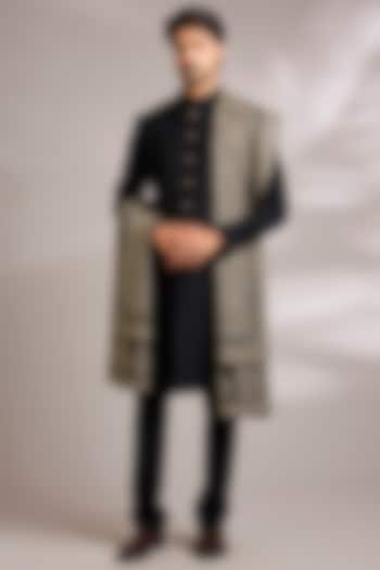 Black Silk Embroidered Groom Sherwani Set by AMIT ARORA at Pernia's Pop Up Shop