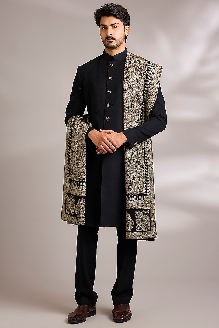 Black Silk Embroidered Groom Sherwani Set by AMIT ARORA at Pernia's Pop Up Shop