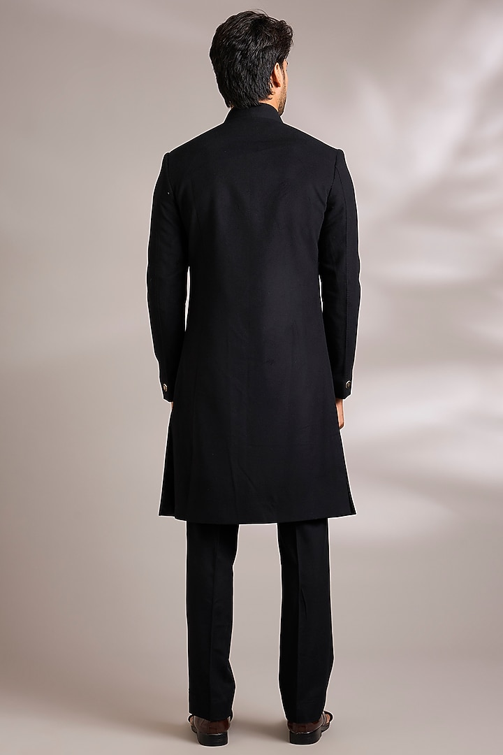 Black Silk Embroidered Groom Sherwani Set by AMIT ARORA at Pernia's Pop Up Shop
