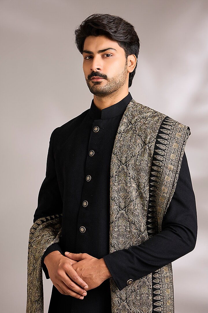 Black Silk Embroidered Groom Sherwani Set by AMIT ARORA at Pernia's Pop Up Shop
