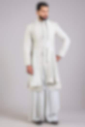 Silver Silk Embroidered Groom Sherwani Set by AMIT ARORA at Pernia's Pop Up Shop