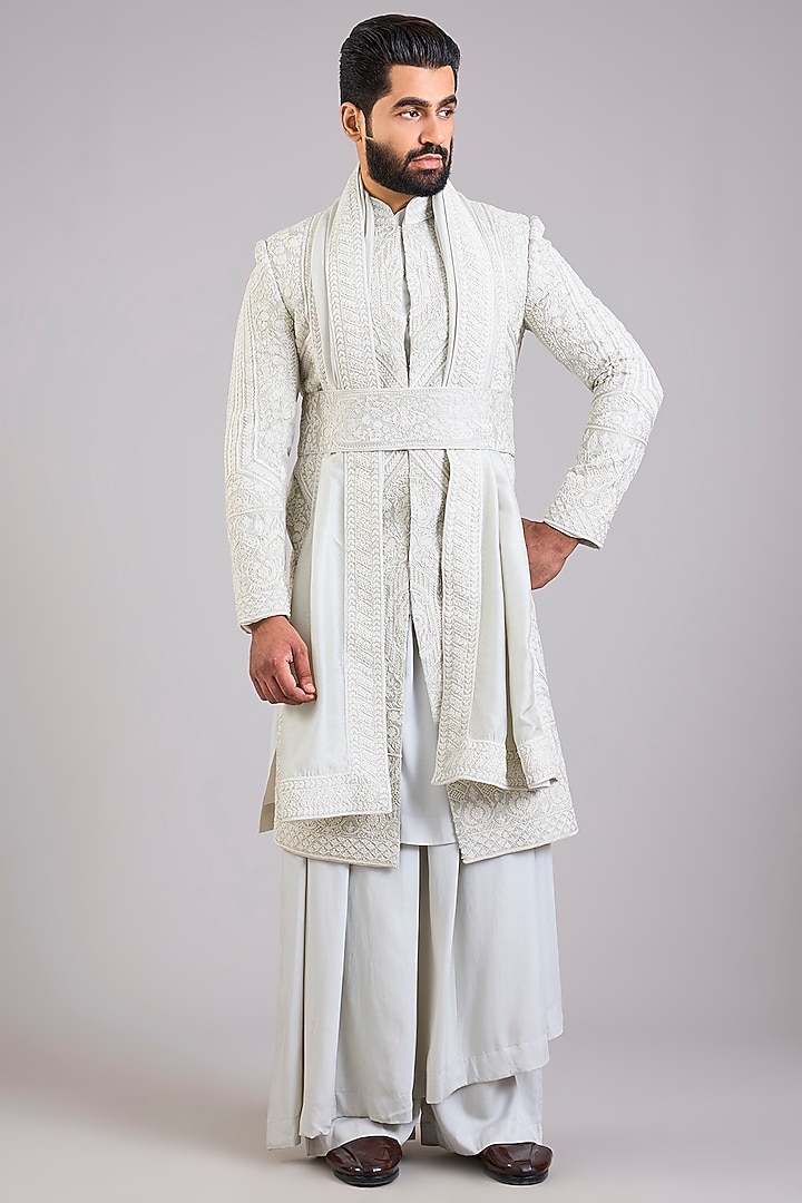 Silver Silk Embroidered Groom Sherwani Set by AMIT ARORA at Pernia's Pop Up Shop
