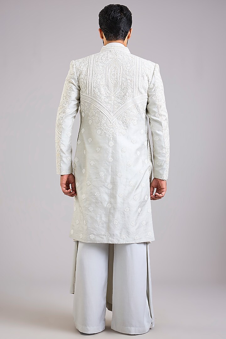 Silver Silk Embroidered Groom Sherwani Set by AMIT ARORA at Pernia's Pop Up Shop