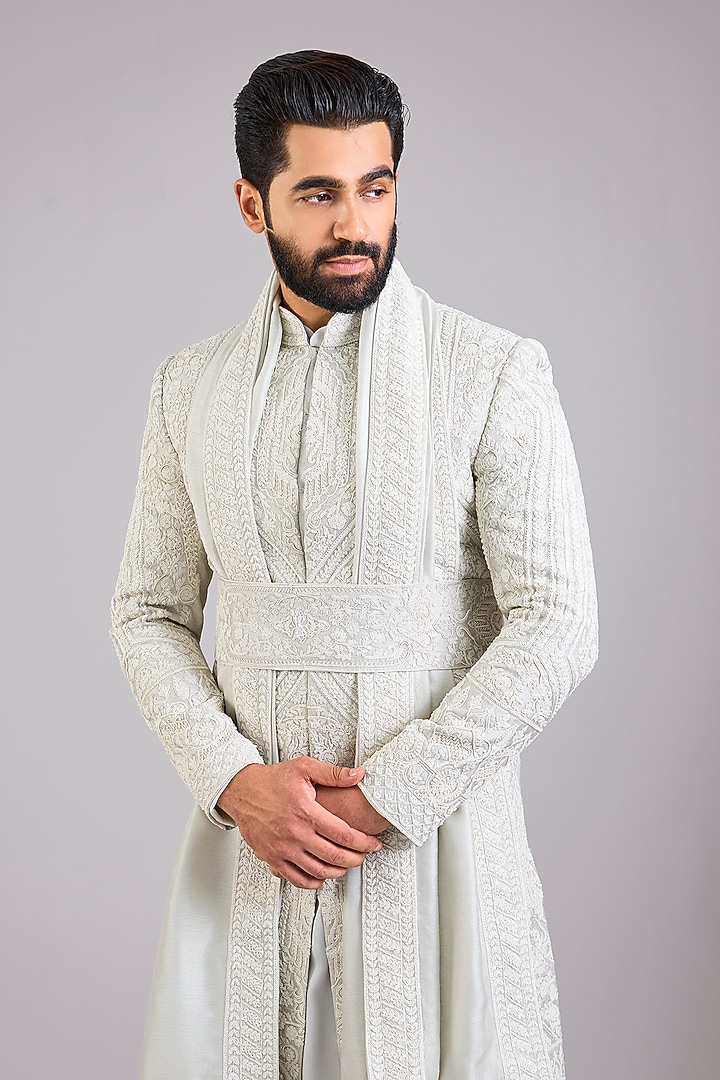 Silver Silk Embroidered Groom Sherwani Set by AMIT ARORA at Pernia's Pop Up Shop
