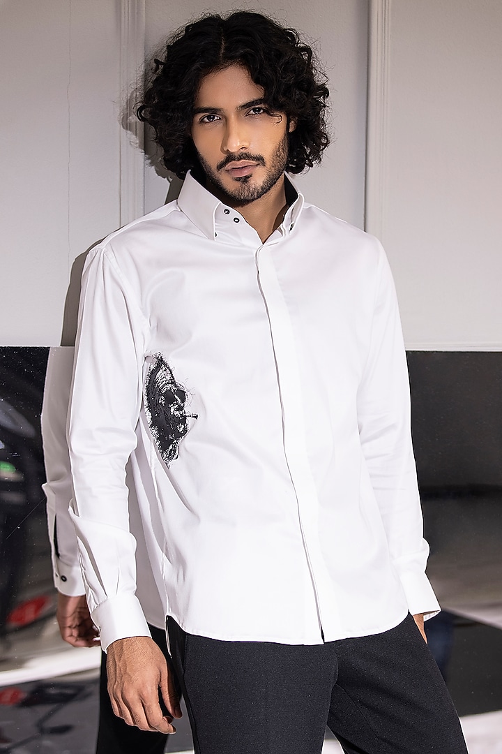 White Cotton Lycra Digital Printed Party Wear Shirt by AMIT ARORA at Pernia's Pop Up Shop