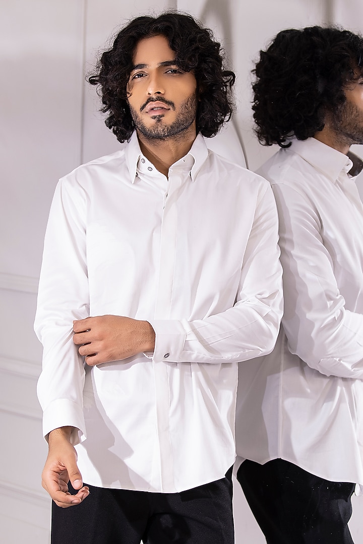 White Cotton Lycra Party Wear Shirt by AMIT ARORA at Pernia's Pop Up Shop