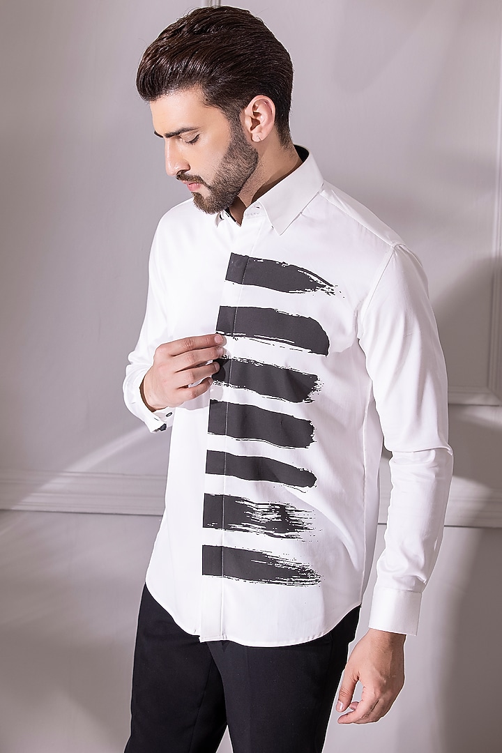 White Cotton Lycra Digital Printed Party Wear Shirt by AMIT ARORA at Pernia's Pop Up Shop