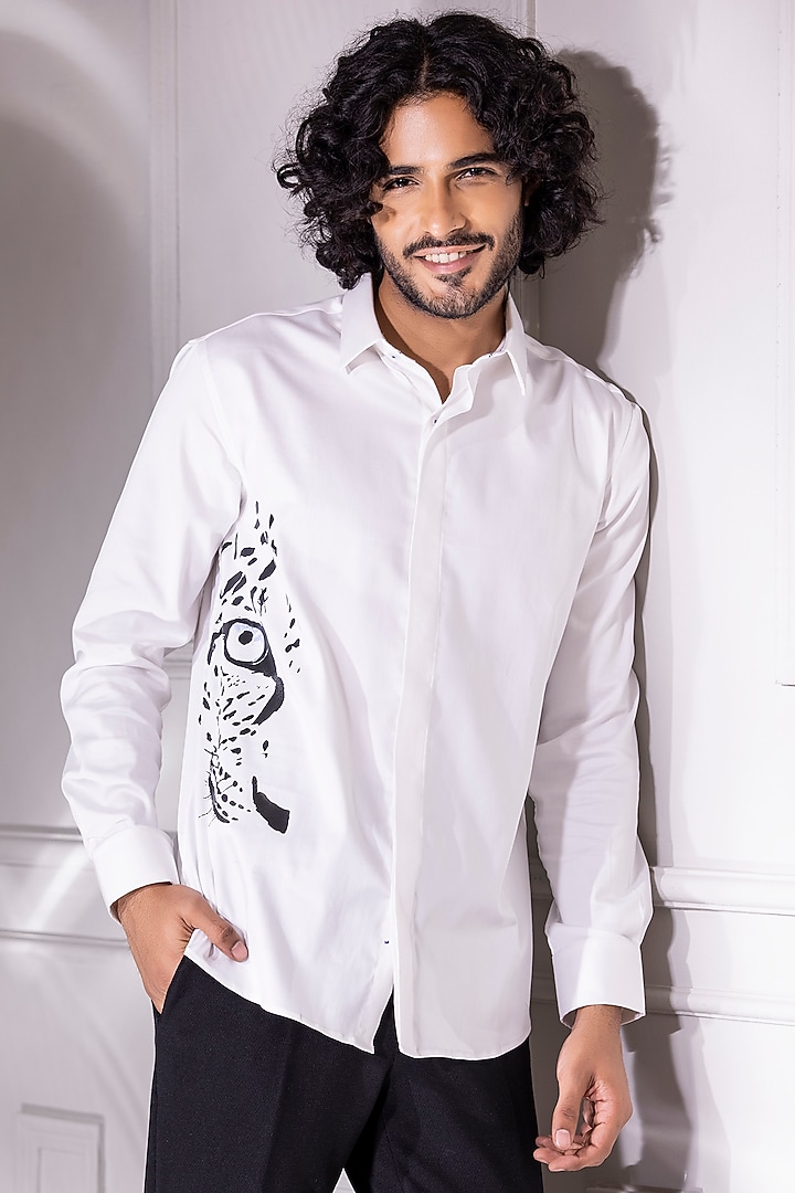 White Cotton Lycra Digital Printed Party Wear Shirt by AMIT ARORA at Pernia's Pop Up Shop