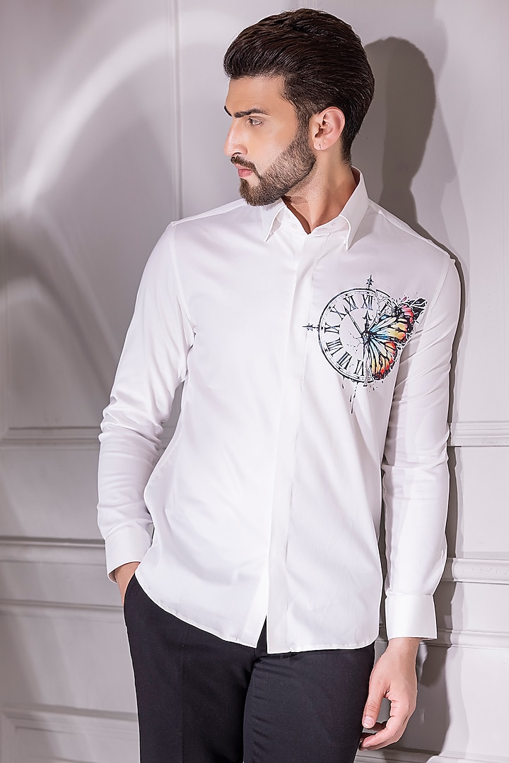 White Cotton Lycra Digital Printed Party Wear Shirt by AMIT ARORA at Pernia's Pop Up Shop
