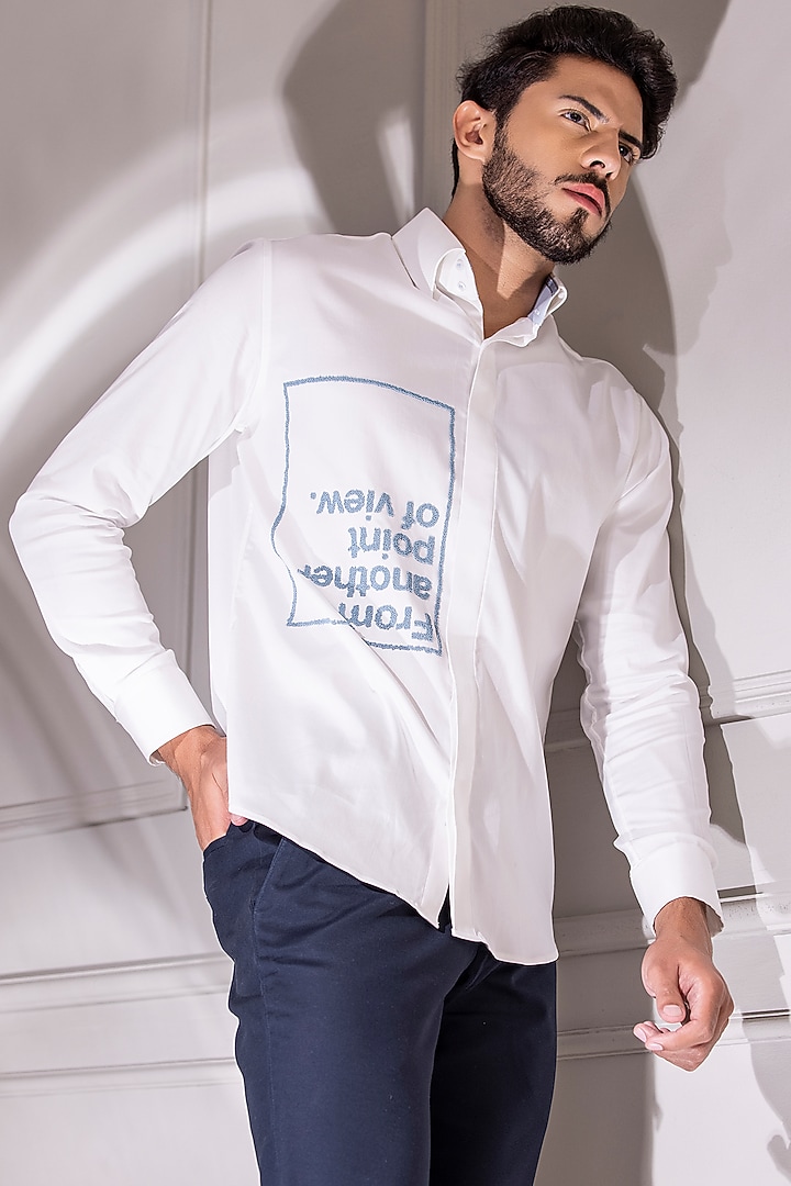 White Cotton Lycra Digital Printed Party Wear Shirt by AMIT ARORA at Pernia's Pop Up Shop