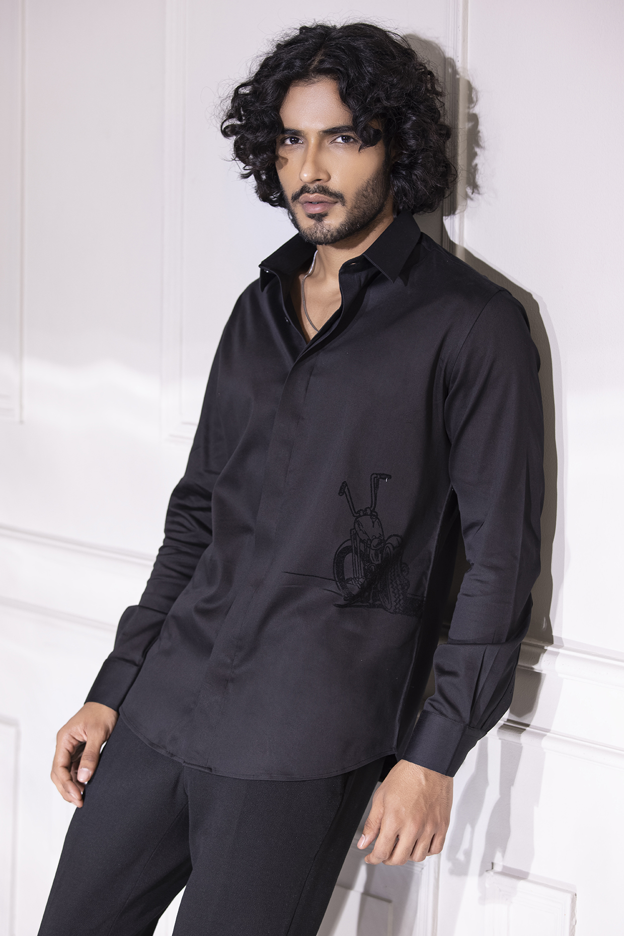 Black Cotton Lycra Digital Printed Shirt by AMIT ARORA