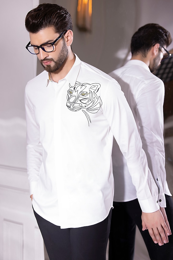 White Cotton Knit Hand Embroidered Shirt by AMIT ARORA