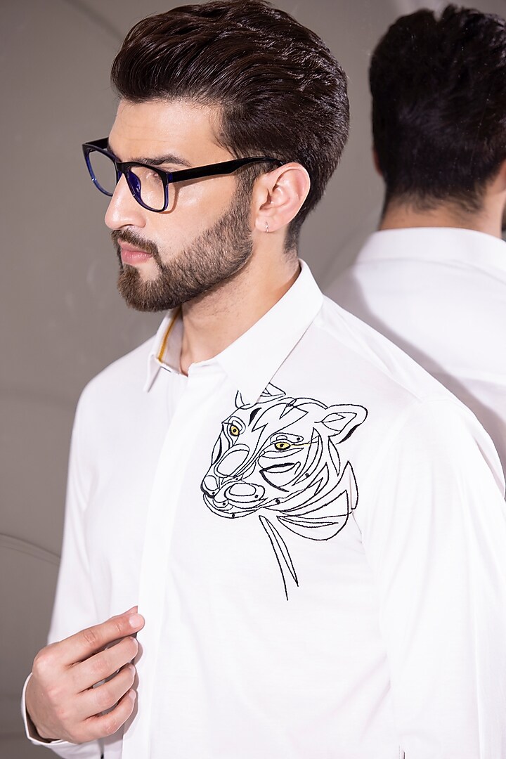 White Cotton Knit Hand Embroidered Party Wear Shirt by AMIT ARORA at Pernia's Pop Up Shop