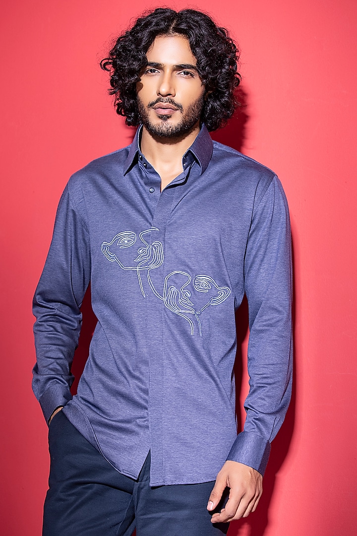 Blue Cotton Knit Hand Embroidered Shirt by AMIT ARORA