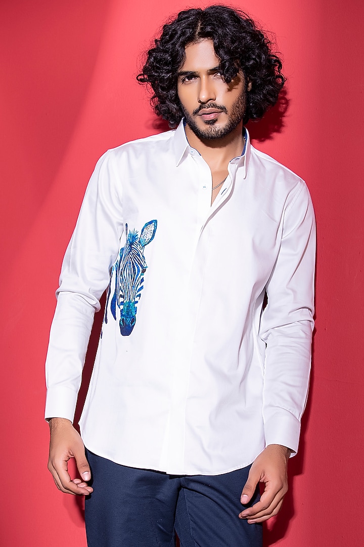 White Cotton Lycra Digital Printed Party Wear Shirt by AMIT ARORA at Pernia's Pop Up Shop