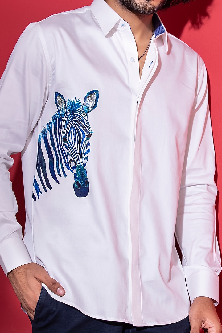 White Cotton Lycra Digital Printed Party Wear Shirt by AMIT ARORA at Pernia's Pop Up Shop