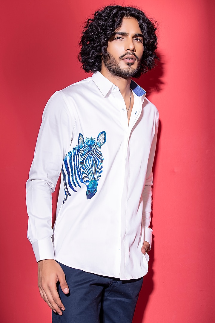 White Cotton Lycra Digital Printed Party Wear Shirt by AMIT ARORA at Pernia's Pop Up Shop