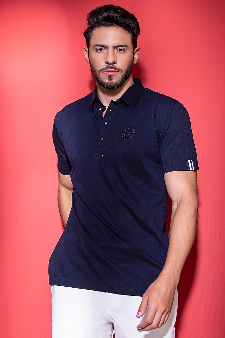 Navy Blue Knit T-Shirt by AMIT ARORA at Pernia's Pop Up Shop