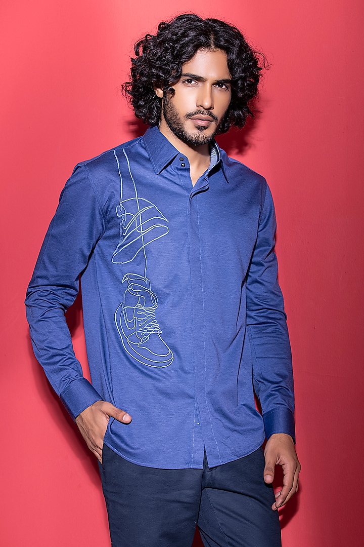 Medium Blue Cotton Knit Hand Embroidered Shirt by AMIT ARORA at Pernia's Pop Up Shop