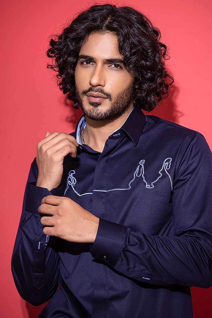 Navy Blue Cotton Knit Hand Embroidered Party Wear Shirt by AMIT ARORA at Pernia's Pop Up Shop