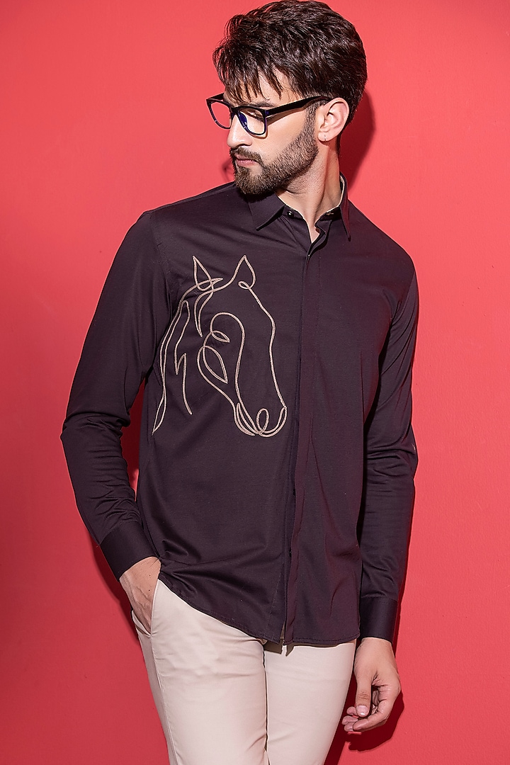 Brown Cotton Knit Hand Embroidered Shirt by AMIT ARORA