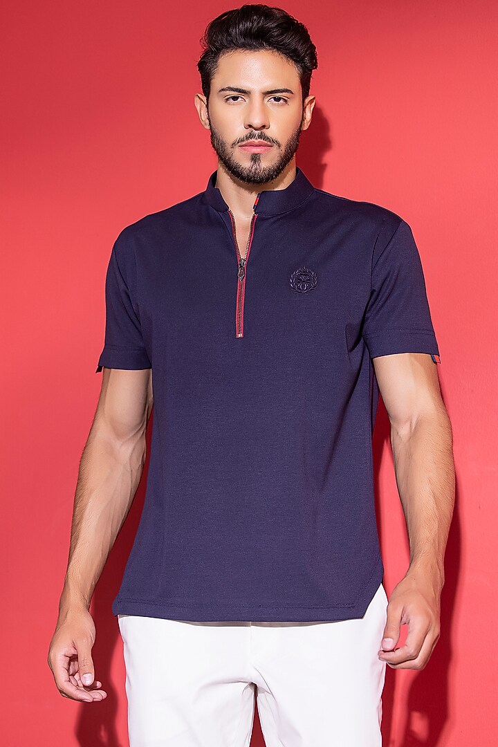 Navy Blue Knit T-Shirt by AMIT ARORA at Pernia's Pop Up Shop