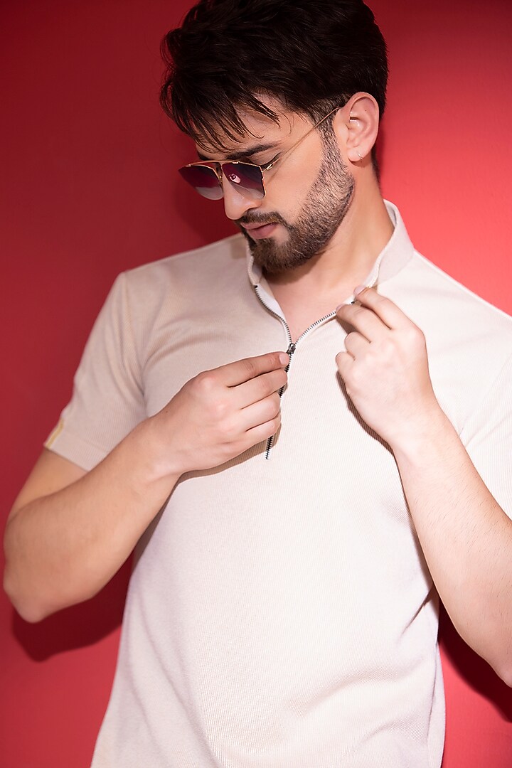 Beige Knit T-Shirt by AMIT ARORA at Pernia's Pop Up Shop