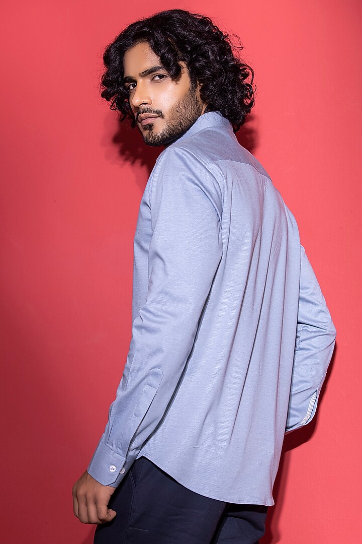Sky Blue Cotton Knit Hand Embroidered Party Wear Shirt by AMIT ARORA at Pernia's Pop Up Shop